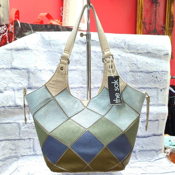NWT, the sak, pebbled leather shoulder bag, In cream, blue, and green. - Picture 1 of 7
